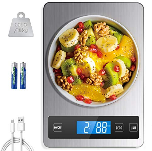 HOWEIFULL Küchenwaage Digital, 15KG Küchenwaage mit großer Wiegefläche, USB Aufladen Haushaltswaage Digitalwaage Edelstahl, 1g Richtigkeit Lebensmittelwaage