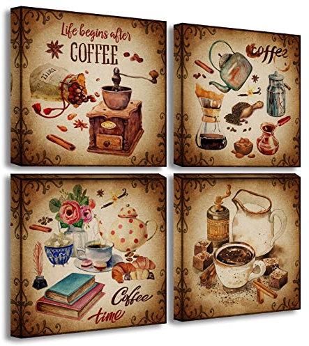 BLINFEIRU Lienzo de café para pared, cuadros marrones vintage para decoración de pared de cafetería, cocina, moderno, hogar, comedor, cafetería, obras de arte enmarcadas, paneles de 12 x 12 x 4