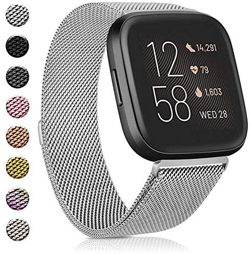 Amzpas Armbänder kompatibel mit Fitbit Versa 2,Fitbit Versa SE,Fitbit Versa Lite,Fitbit Versa, atmungsaktiv, Edelstahl-Schlaufe, Mesh, magnetisch, verstellbar, Edelstahl, Ohne Edelstein