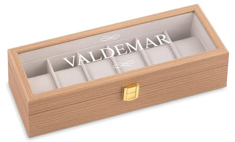 Maverton Uhrenkoffer mit Gravur für 6 Uhren - Uhrenschatulle - personalisiert - Uhrenaufbewahrungsbox aus Holz - braun 31x11x8cm - Geburtstagsgeschenk für Männer - Vorname