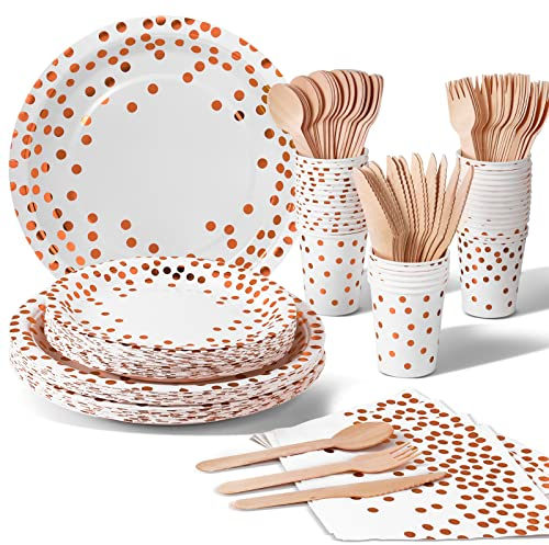 Nkaiso 140pcs Party Vaisselle,Kit Vaisselles Anniversaire Assiette Dîner Papier Tasse Serviette, Enfants Party Fête Mariages Baby Shower Noël, 20 invités (Rose Or)