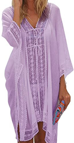 JFAN Copricostume con Scollo a V Cover up Mare Donna Pizzo Copribikini Vestiti Bianco Abito da Spiaggia Mini Abito Vestito Beachwear con Coulisse,Viola,Taglia Unica