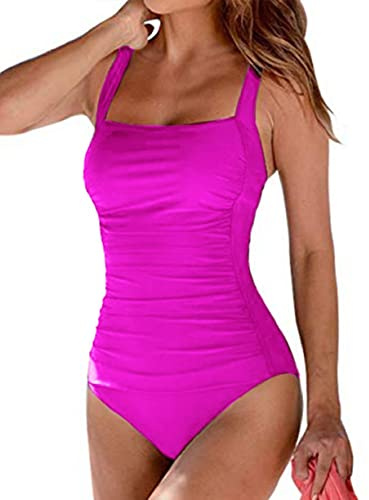 Joligiao Costume Intero Donna Sexy Costumi da Bagno Donna Interi Vintage Monokini con Controllo della Pancia Ruched Push Up Imbottito da Spiaggia Mare e Piscina Tinta Unita Swimsuit(Rosa,L)