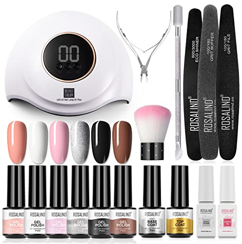 ROSALIND Gel Nagellack Starterset Mit UV Lampe 48W, 6 Mini Nude Weiß Rosa Silber Schwarz Braun Gel mit Base und Top Coat Nail Art Manicure Set