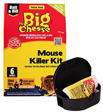 The Big Cheese Mouse Killer Kit - 25g Grain x 6 + 2 Stations Kills Mice Bait Stations with Chew Through Grain Sachets Ready-To-Use Difenacoum Indoor Use