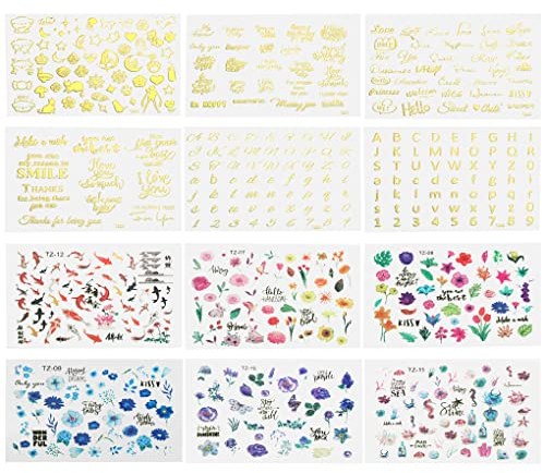 FineInno 12 Bögen Aufkleber für Kunstharz, Gold-Buchstabenaufkleber, Fischkoi, transparente Folie, Aufkleber für Silikonharz, Füllmaterialien, Schmuckherstellung, UV-Harz-Handwerk