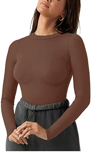 REORIA Damen Rundhalsausschnitt doppelt gefüttert lange Ärmel einteilig eng anliegend T-Shirts Trikots Bodys Tops zum Ausgehen Kaffee XXL
