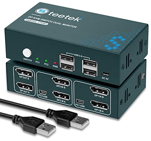 KVM Switch DisplayPort Dual Monitor, 4K@60Hz, USB2.0, DP 1.2 DisplayPort KVM Switch 2 Monitore, 2 PC 2 Monitor Switch 2 In 2 Out, Metallgehäuse mit Thermischer Auslegung, mit Kabel, Button Switch