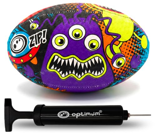 Optimum Rugbyball - Ausgewogen und reaktionsschnell für präzises Handling und Treten - perfekt für Training und Gameplay - 2-lagig 410g - Space Monster - Größe 3 - mit Pumpe