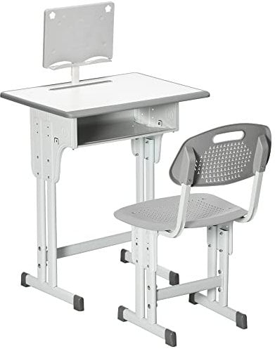 HOMCOM Kids Desk and Chair Set Adjustable Height Study Table Set w/Drawer, Book Stand, Pen Slot - Grey