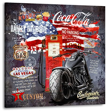 Kunstgestalten24 Leinwandbild Harley Davidson Route 66 Wandbild Kunstdruck Wohnraum Deko XXL