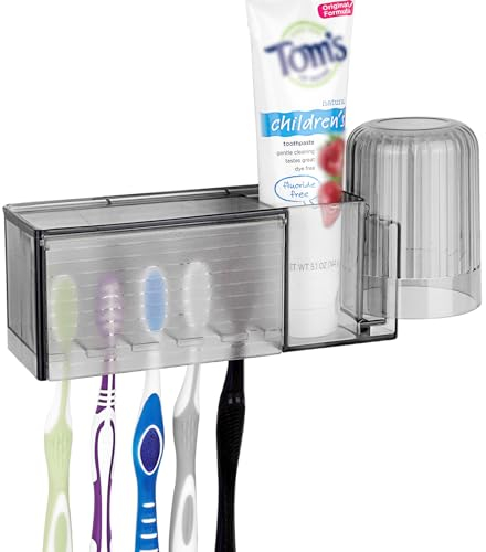 Linkidea Porta spazzolino autoadesivo multifunzionale, Porta spazzolino da parete con coperchio, Scatola organizer per spazzolino da denti per bagno Dormitorio familiare (grigio)