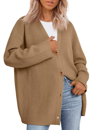 LILLUSORY Damen Strickjacke 2023 Open Front Oversized Button Leichte Pullover V-Ausschnitt Lose Strickjacken Stricken Outwear, Khaki, Groß