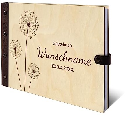 Personalisiertes Gästebuch Taufe Konfirmation Kommunion echtes Holz DIN A4 Kondolenzbuch mit Lasergravur - Pusteblume - mit 72 Blatt / 144 Seiten Naturpapier Weiß