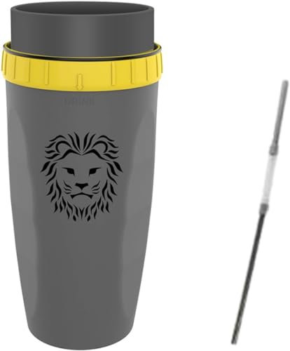 Neolid Twizz Mug de Voyage Anti-Déversement - Tasse à Café Avec Ouverture Pivotante et Paille Double Silicone (Lion Gris)
