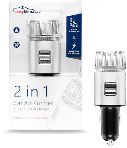 EasyKlima Car Air Purifier & USB Charger - Eliminates Bad Odours, Refreshes AC - Filterless, Silver, Dual 2.5A USB Port for Car Charging
