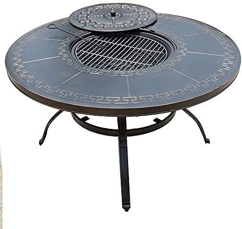 Runder Feuerstellentisch aus Aluminiumguss mit Holzkohlegrill für den Außenbereich, multifunktionaler, korrosionsbeständiger Grill-Feuerstelle mit einem Tisch und doppel