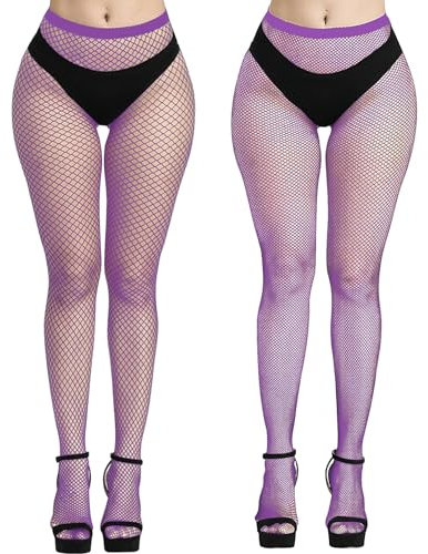 Clundoo 2 Pezzi Calze a Rete Elastiche Sexy, Collant a Vita Alta, Calze Viola da Donna