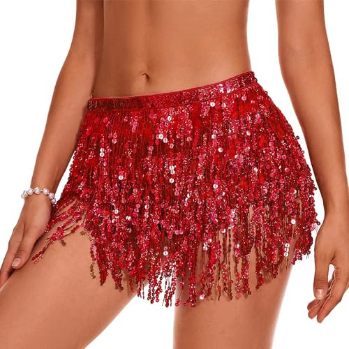 QKEPCY Damen Quasten Pailettenrock, Fransen Rock Glitzer, Bauchtanz Rock Pailletten, Bauchtanz Kostüm Mini Latein Metallic Rock Kurz Knielang Für Fasching Karneval Party Festival