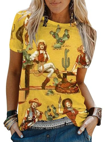 Grafik-Shirts für Damen, Kaktus, Wüste, NASA, Vintage-Grafik-T-Shirt, Astronaut, Mond, Weltraum, kurzärmeliges Oberteil, A-Gelb 1, Groß