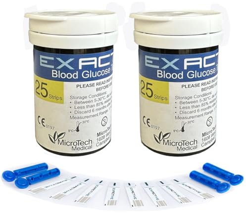 Exactive Vital Strisce Reattive per Misurazione Della Glicemia x 50 pc e lancette x 50 pcs, Strisce Diabetiche solo per Exactive Vital Diabete Test Kit