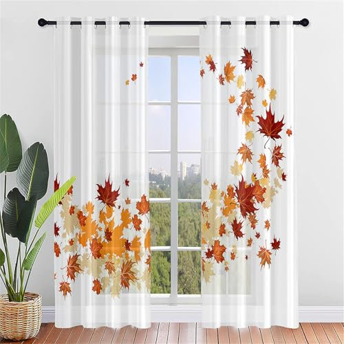 Odot Halbtransparente Vorhänge,3D Herbst Ahornblatt Muster Voile Vorhang mit Ösen 2er Set Gardinen Vorhang Ösenvorhang Fensterschal Moderne Vorhänge Fenster für Küche (140x244cm,Ahornblatt 1)