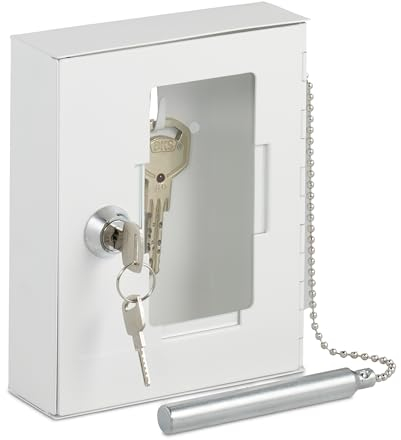 Relaxdays Notschlüsselkasten mit Glasscheibe, Hammer & Schlüssel, abschließbar, Metall, Notschlüsselbox, Notkasten, weiß