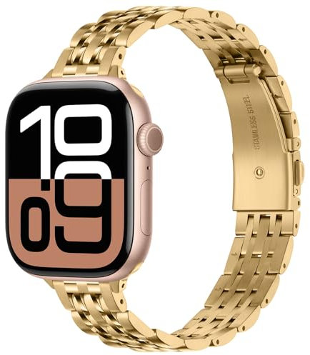 Anlinser Metallarmband Kompatibel mit Apple Watch Armband für Damen 49/46/45/44/42/41/40/38mm, Dünnes Edelstahlarmband für iWatch Ultra 3-1 Serie 11 10 9 8 7 6-1 SE (49/46/45/44/42mm, Gold)