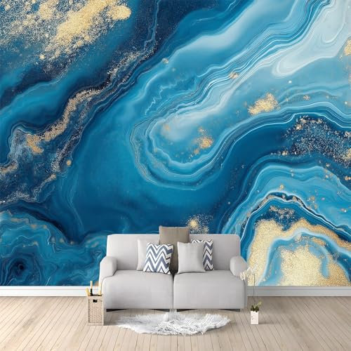 Marbre Abstrait Or Bleu Papier peint intissé Bleu Décoration Murale Poster Tableaux Muraux Tapisserie Photo Effet 3D 350x256 cm