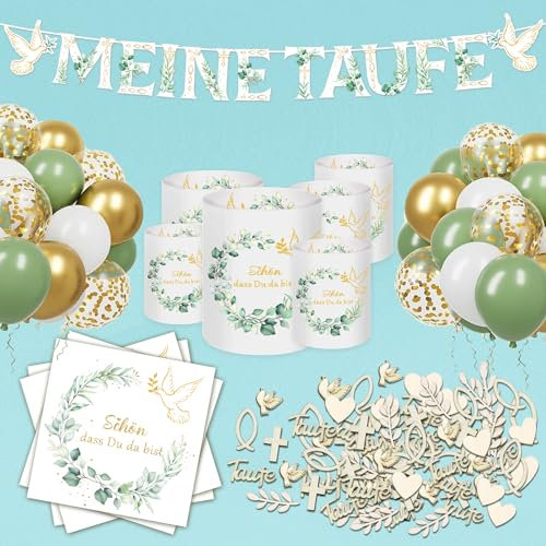 130 Stück Taufe Deko Junge Mädchen ,Taufe Dekoration,Taufe Deko mädchen Meine Taufe Girlande,Taufe Luftballons Servietten Taufdeko und mehr,Deko Taufe Ideal für Jungen mit Spruch Schön dass Du da bist