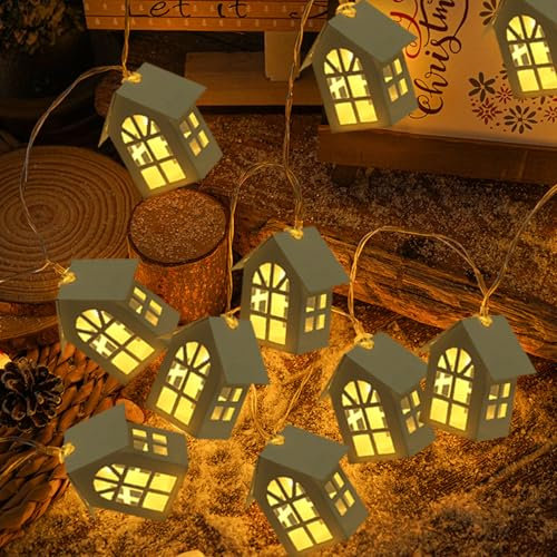 DZAY Weihnachtsdeko Innen Lichterketten mit 10 Kleine Holzhäuser Feen Lichter,Weihnachtsbeleuchtung Innen Häuser String Lights,Weihnachten Deko LED String Lichter für Schlafzimmer Dekoration (Haus)