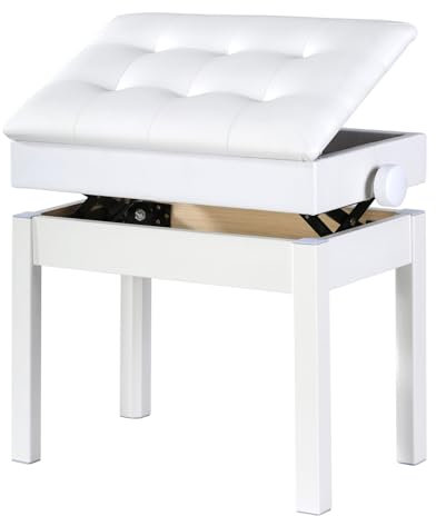 Klavierbank, Deluxe-Klavierbank mit gepolstertem Leder und Aufbewahrungsbox – Klavierhocker für eine Tastatur, Konstruktion aus massivem Hartholz, 55 x 34 cm, höhenverstellbar von 46–56 cm (