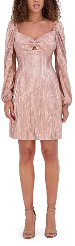 kensie Women's Foiled Pleated Long Sleeve Mini Dress, Rose Gold, 4