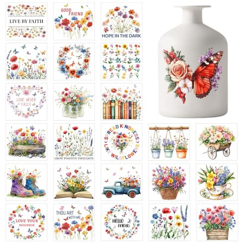 GLOBLELAND 25 fogli di Adesivi per Barattoli di Vetro con Farfalle e Fiori di Campo Adesivo In Plastica per Auguri Quotidiani Adesivi per Lanterne Adesivi per Lampade Da Finestra Tazze
