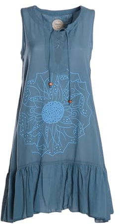 Vishes Alternative Bekleidung - Damen mittellanges Kleid Baumwolle Blumen-Muster Hängerkleid mit Schnürung und Holzperlen türkis 36