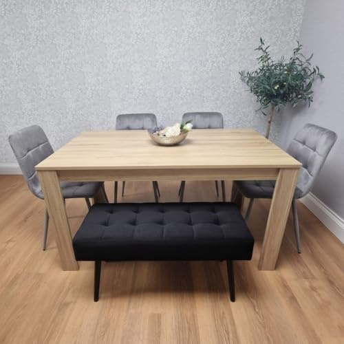 KOSY KOALA Dining Table Set with Bench and Chairs Oak Effect Wooden Kitchen Dining Table with 4 Grey Velvet Dining Chairs and Bench Modern Dining Room Furniture 140 x 80 x 75 cm