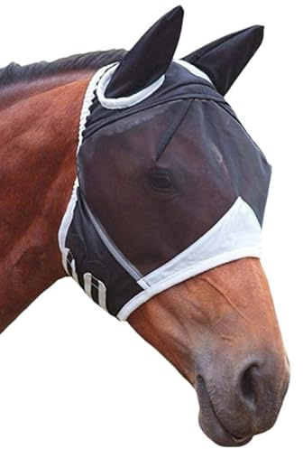 TAKONE Fliegenmaske Pferd Schwarz S mit Ohren Klettverschluss Mesh | Mesh-Gewebe | Klettverschluss | Ohrenschutz | atmungsaktiv | Größe S | Insektenschutz