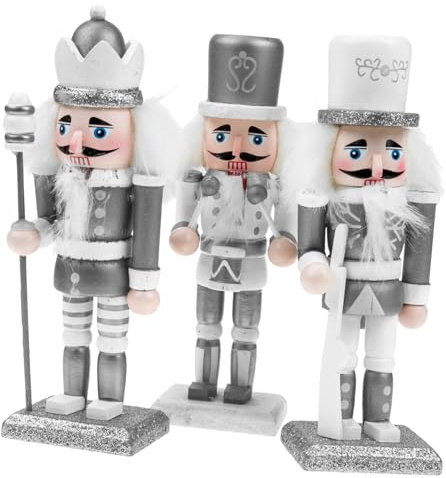MOTHNUR 3 Stück Teiliges Weihnachts aus Holz Silber Weiße Nussknackerfigur als Hängende und Stehende Deko für Tisch Regal und Weihnachtsbaum Kindgerechte Festtagsdekoration