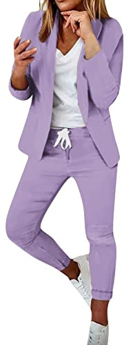 Hosenanzüge Für Damen Elegant 2 Teilig Business Casual Anzüge Set Langarm Zweiteiler Sportlich Hosen Set Einfarbig Blazern + Elastischer Bund Hose Freizeitanzug Slimfit Festlich (03-Purple, M)