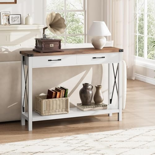 Salutmeuble Meuble Entree Couloir, Console Meuble avec 2 Tiroir, 110X 30x78CM,Table Bois en Rotin avec Unique en Forme de X sur Les Côtés pour l'entrée, Le Salon, Le Couloir (Blanc+Marron)