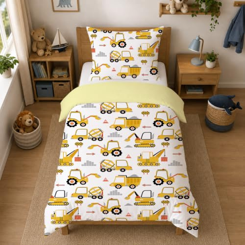 Caregchrisj Kinder Jungen Bettwäsche 135x200, Mikrofaser Traktoren und Bagger Bettwäsche Sets, Bettbezug mit Reißverschluss und Kissenbezug 80x80 (Yellow-Traktor, 135X200CM)