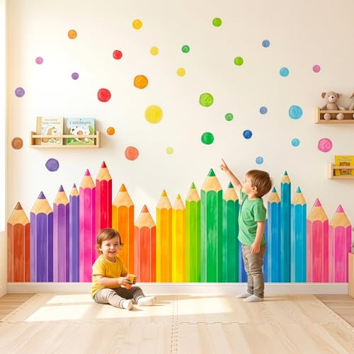 DECOWALL XXL Buntstifte Wandtattoo Regenbogen Wandsticker Punkte (SG4-2522) | Selbstklebend, abnehmbar, neu positionierbar – XXL Buntstifte und bunte Punkte für flexible DIY-Gestaltung auf glatten Wänden