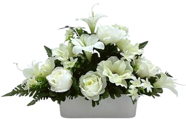 Genérico Arreglo Floral Artificial para Cementerio con Flores Blancas, Jardinera Decorativa con Rosas y Liliums