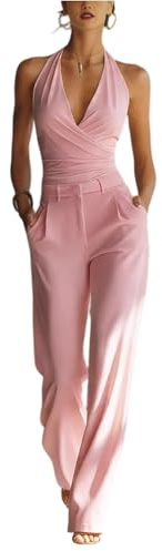 ZRYAZQ Jumpsuit Damen Elegant Für Hochzeit Overall Festlich Rückenfrei Neckholder Hosenanzug Business V Ausschnitt 2 Teilig Hosenanzüge Für Damen Hochzeitsgast Playsuit Party Ärmellos Romper Lang