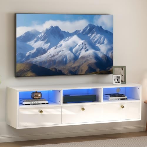 Floating TV Unit White, 130cm Wall Mounted TV Cabinet with RGB LED Lights | Media Wall Unit, Open Shelves, Storage Cabinets, Matt Body, High Gloss Doors, Gold Knobs, White TV Stand for Living Room