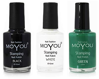 MoYou Nails Bundle of 3 Stamping Nail Polish: Black, White and Green Colours Used to Create Beautiful Nail Art Designs
