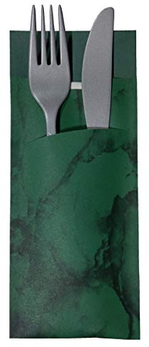 30 Bestecktaschen mit Serviette dunkelgrün marmoriert 20 cm