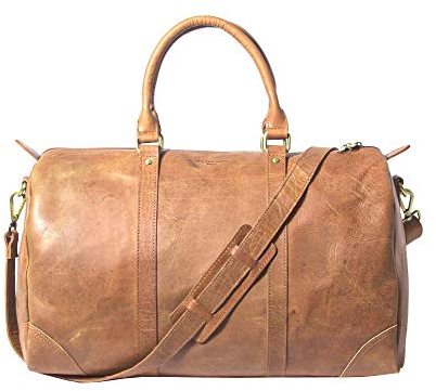 HOLZRICHTER Berlin - Weekender aus Leder für Herren (No 8-1), Reisetasche 27x50x25 cm, Handgefertigte Echtleder Umhängetasche mit Schultergurt, für Handgepäck, in Schwarz und Braun (Camel-Braun)