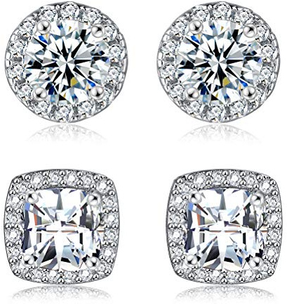 18K White Gold Plated Round Square Cubic Zirconia Simulated Diamond Halo Stud Earrings (2 Pairs)