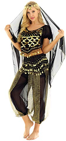 iiniim Bauchtanz Kostüm Damen Orientalische Indische Bauchtänzerin Verkleidung Halloween Fasching Karneval Party Tanzkleidung Schwarz Einheitsgröße
